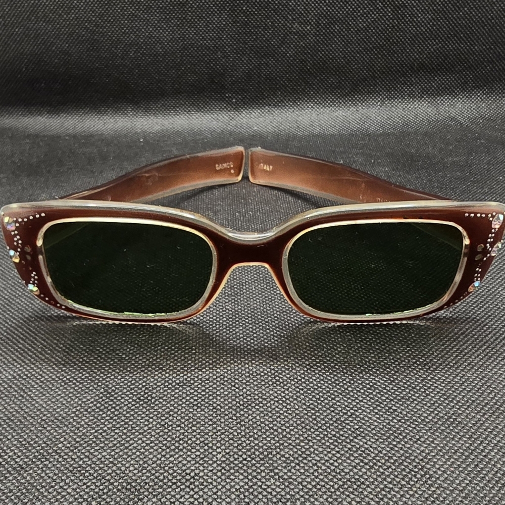 Vintage 1950s Samco Cats Eye Sunglasses Rhinestones Green Lenses Made In Italy